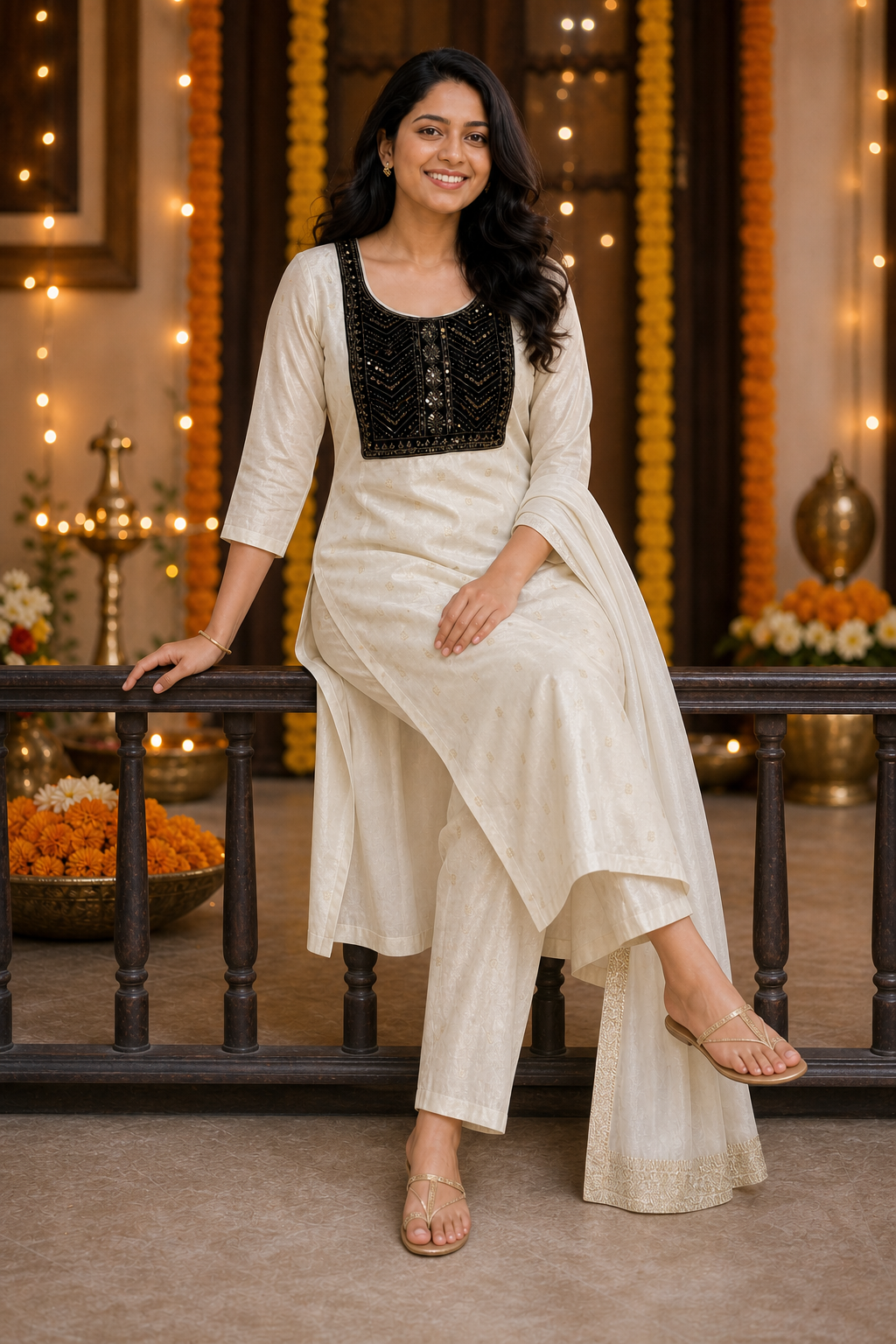 Premium Off-White Festive Salwar Suit with Black Embroidered Yoke (KER-1208)