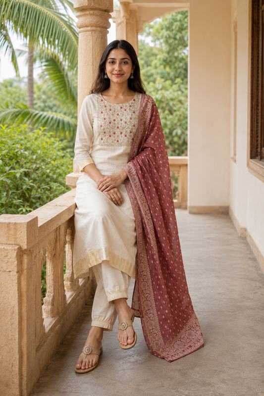 Premium Tissue Embroidered Kurta Set with Printed Dupatta (KER-1211)
