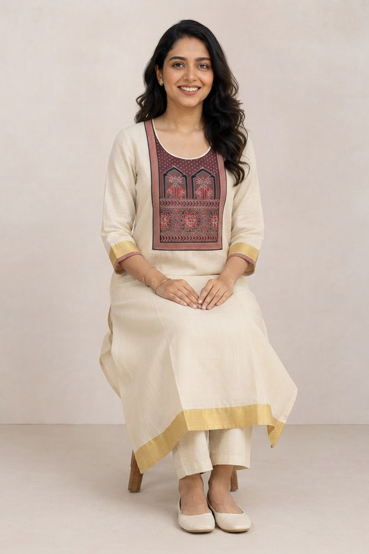 Ivory Kasavu Kurta with Ajrakh Yoke (KER-1220)