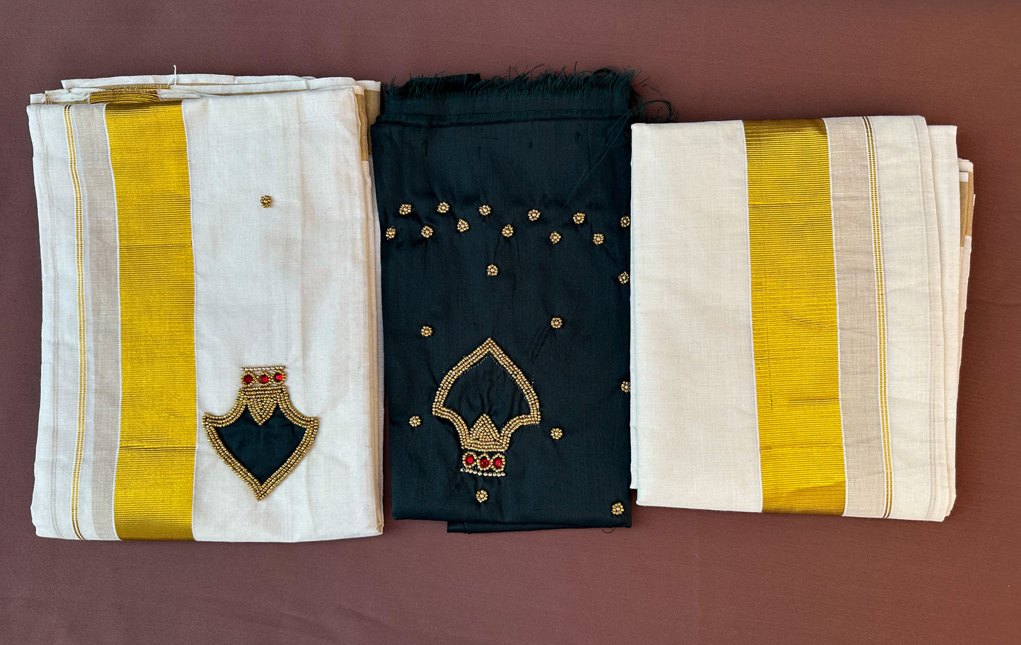 Cotton kasavu set mundu with beads and stone work