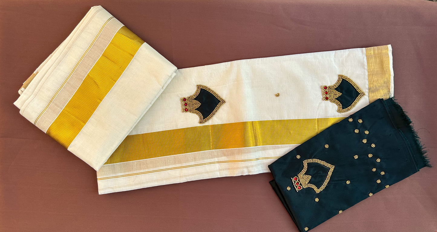 Cotton kasavu set mundu with beads and stone work