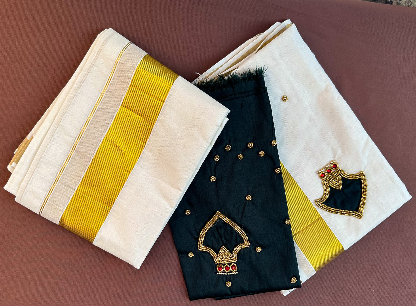 Cotton kasavu set mundu with beads and stone work