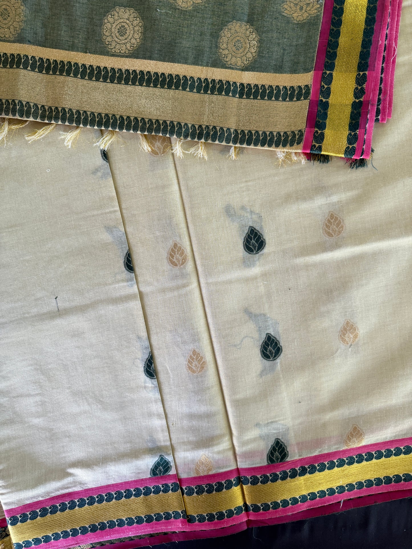 Premium Cream & Sage Green Tissue Kasavu Saree with Gold Zari Border (SAR-1157)
