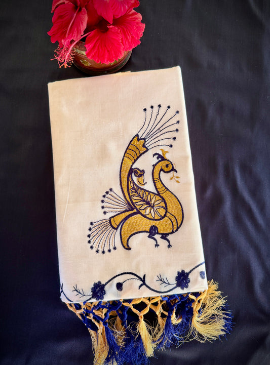 Premium Kerala cotton saree with peacock embroidery (SAR-1162)