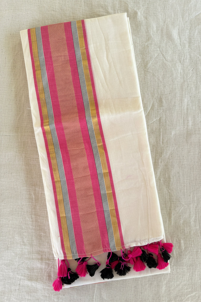 Pink & Gold Mul Cotton Saree with Tassels (SAR-1167)