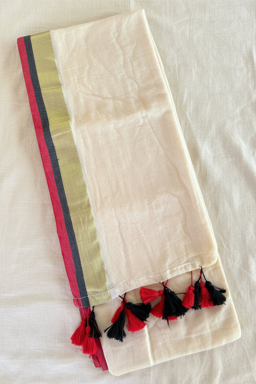 Mul Cotton Saree with Pink Tassels (SAR-1168)