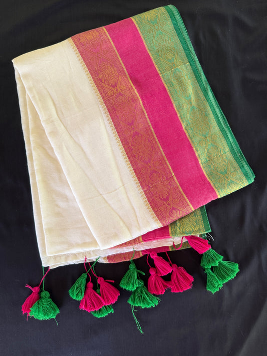 Mul Cotton Saree with Pink and green Tassels (SAR-1170)