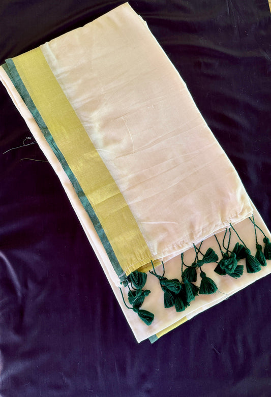 Mul Cotton Saree with Pink and green Tassels (SAR-1171)