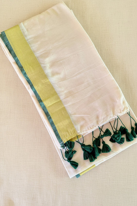 Mul Cotton Saree with green Tassels (SAR-1171)