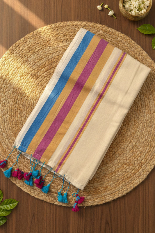 Mul Cotton Saree with blue and pink Tassels (SAR-1172)