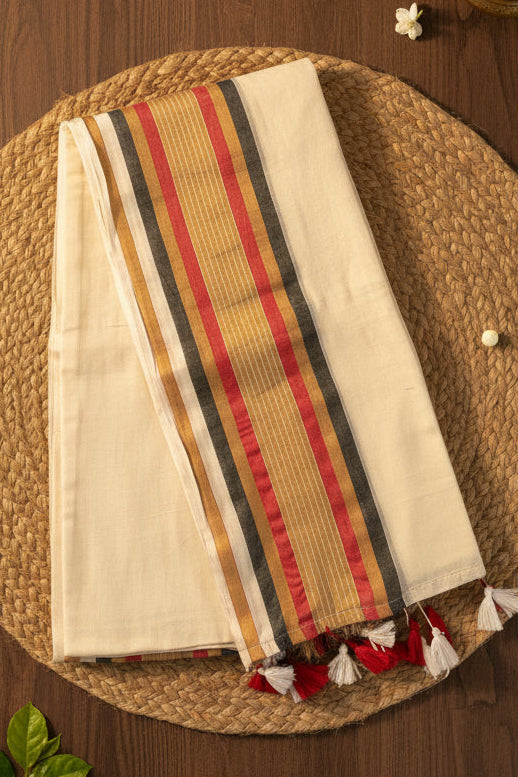 Mul Cotton Saree with white and red Tassels (SAR-1173)