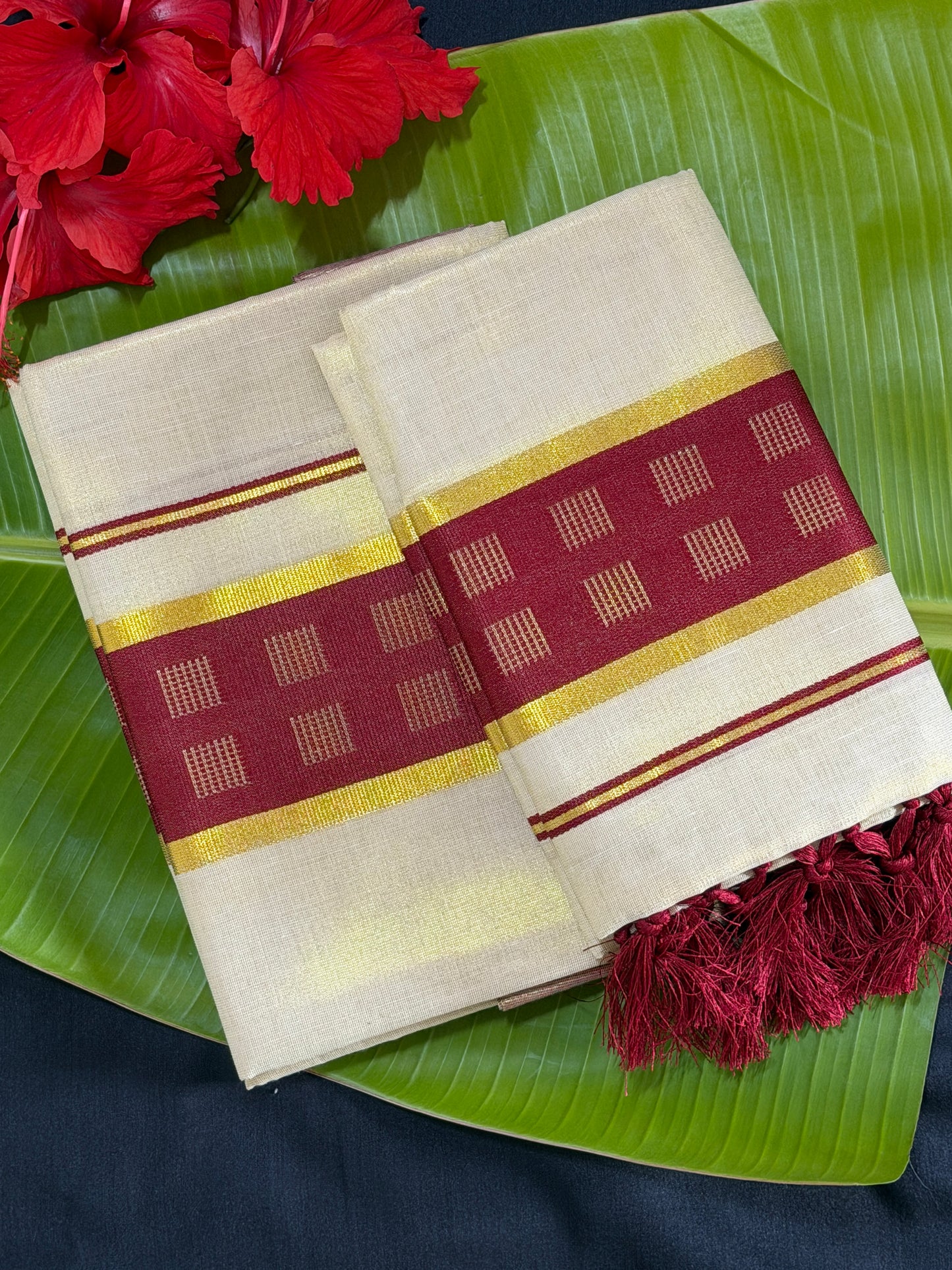 Premium maroon tissue set mundu(SM-279)