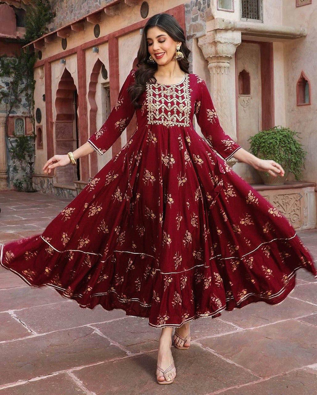 Rayon Gown with Foil Print & Embroidery – Elegant Ethnic Wear for Women (JN-2008)