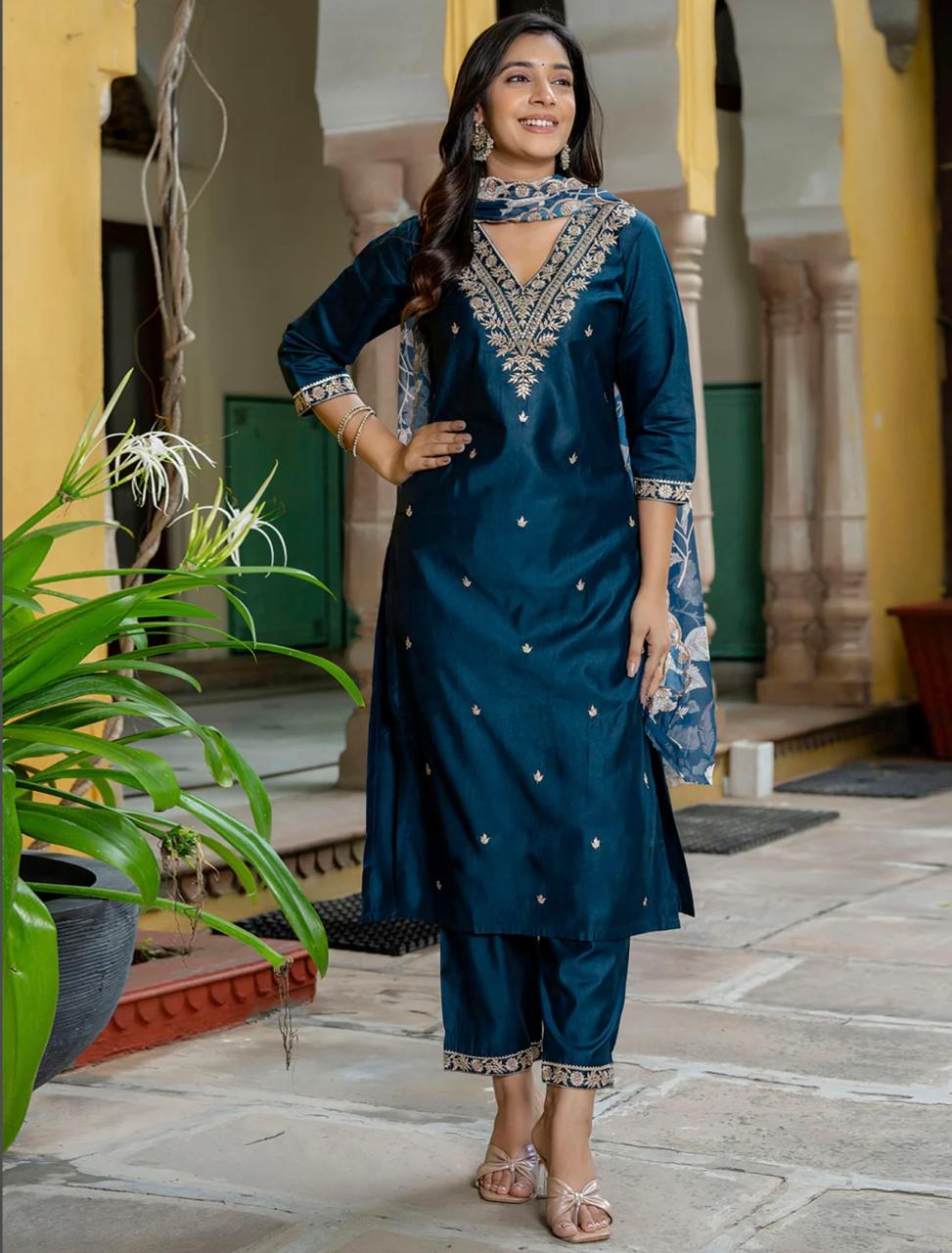 Organza fabric kurti set with embroidery (JN-2003)