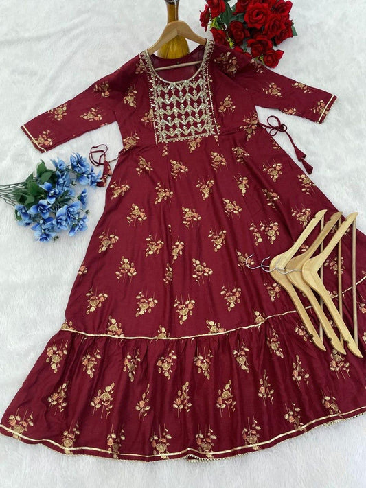 Rayon Gown with Foil Print & Embroidery – Elegant Ethnic Wear for Women (JN-2008)