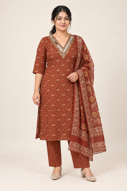 Rust Mirror Work Printed Salwar Suit with Dupatta (KSH-1244)