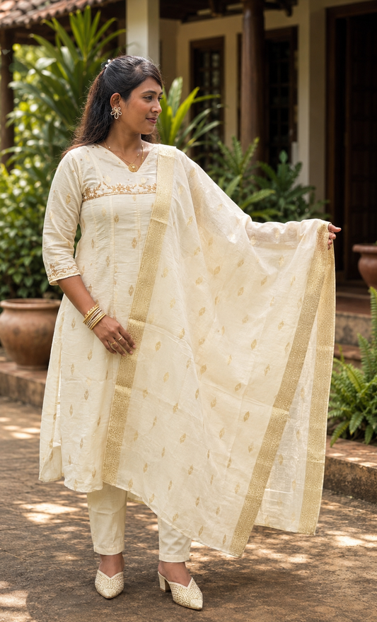 Women’s Tissue Silk Salwar Suit with Dupatta | Cream & Gold Embroidered Ethnic Set (KER-1186)