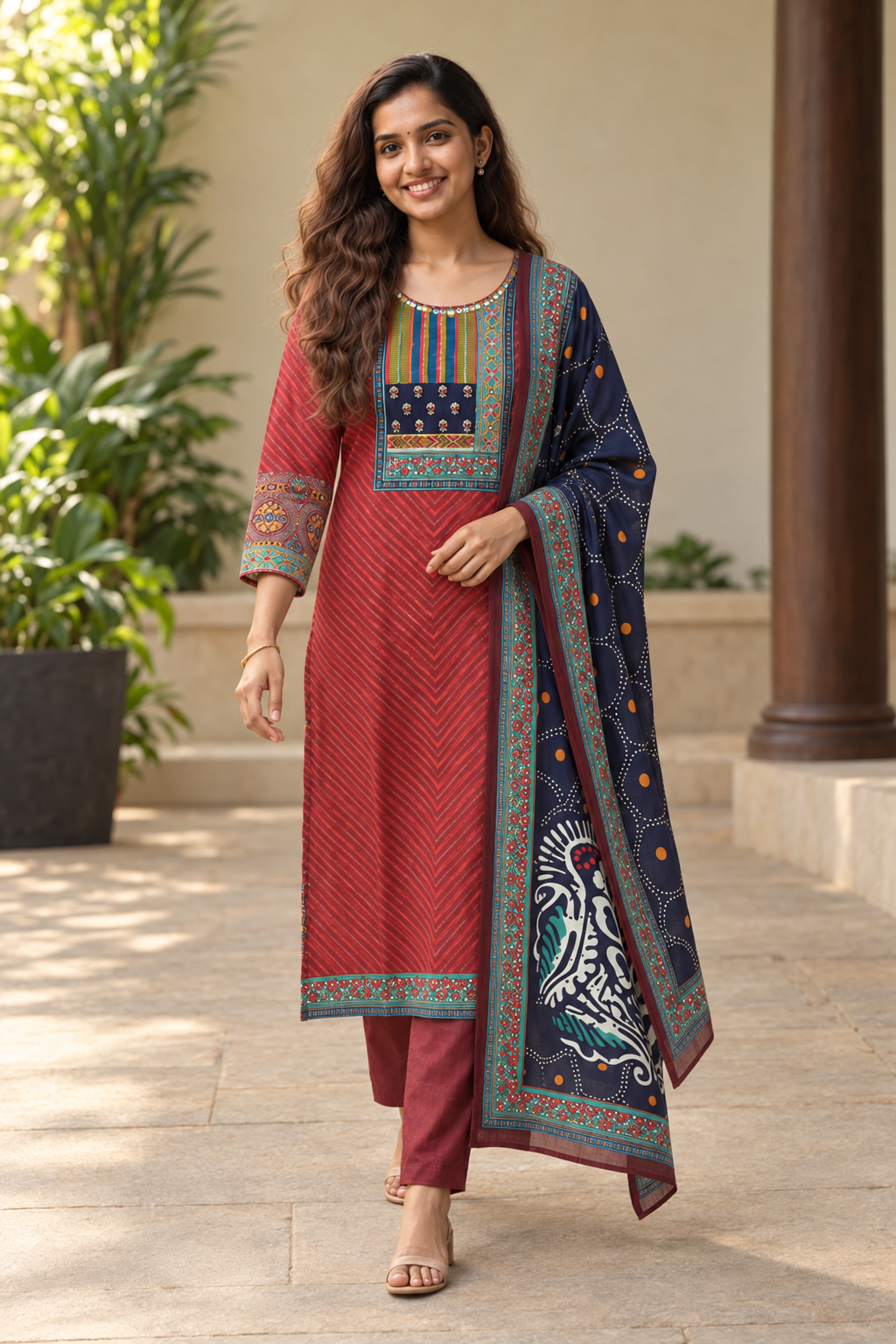 Red Printed Salwar Suit Set with Navy Dupatta (KER-1242)