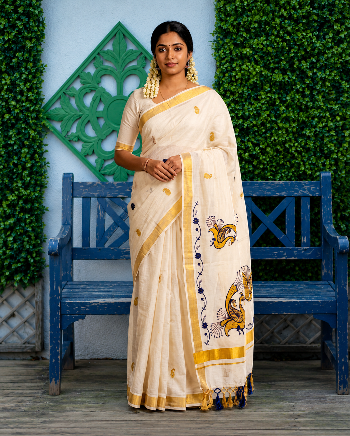 Premium Kerala cotton saree with peacock embroidery (SAR-1162)