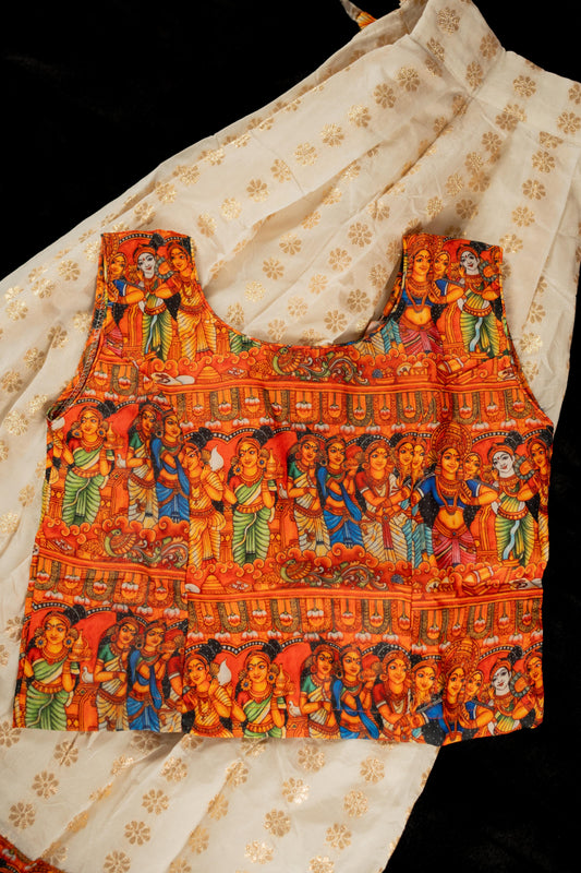 Kids Onam Dress – Traditional Kerala Skirt & Blouse with Mural Print(KCW126)