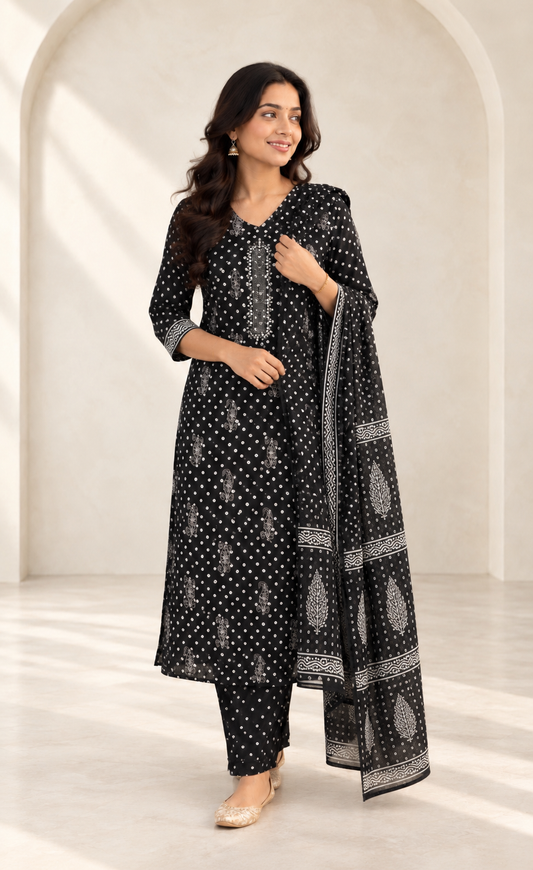 Black Handblock-Style Printed Cotton Kurta Set with Dupatta(KER-1203)