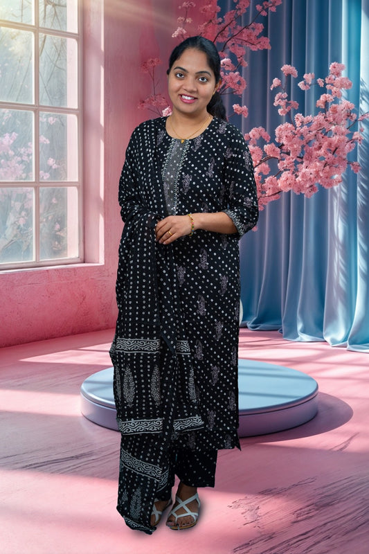 Black Handblock-Style Printed Cotton Kurta Set with Dupatta(KER-1203)