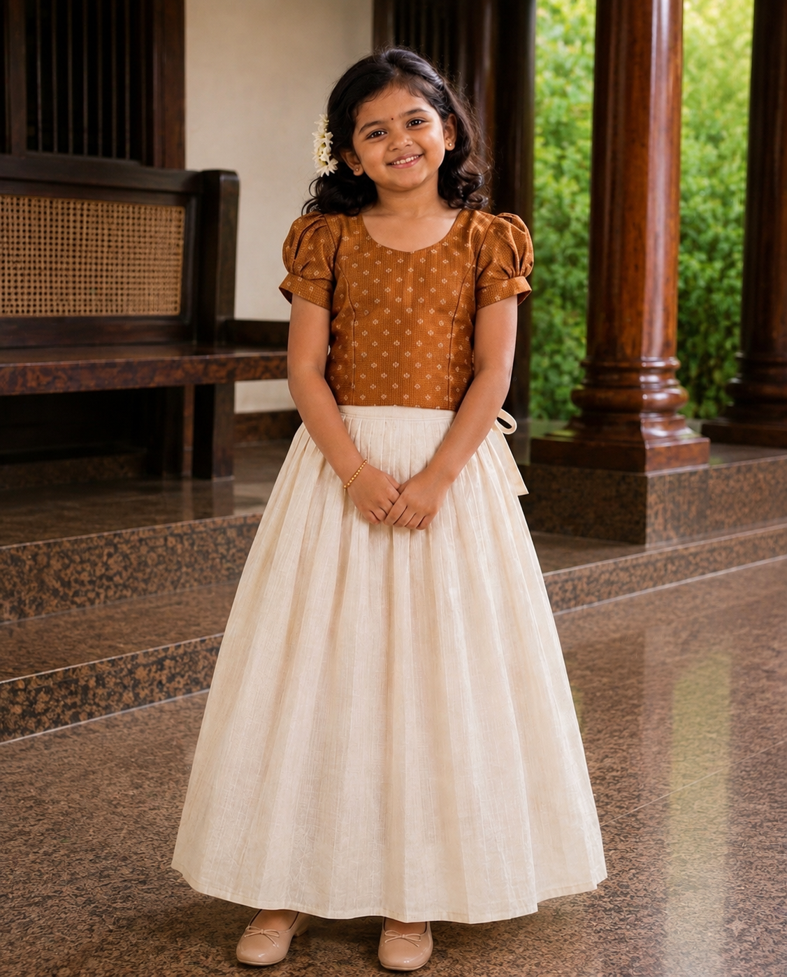 Girls Mustard and Ivory Traditional Skirt and Top Set (KCW-150)