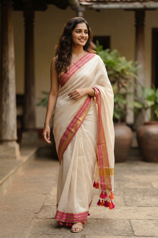 Mul Cotton Saree with Pink Tassels (SAR-1169)