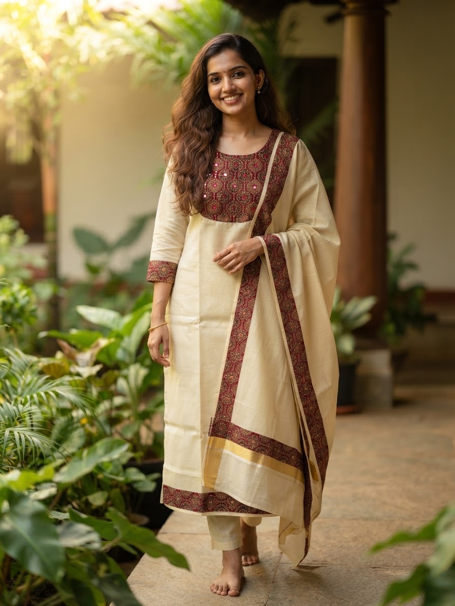 Kerala Tissue Salwar Suit with Ajrakh Border(KER-1212)
