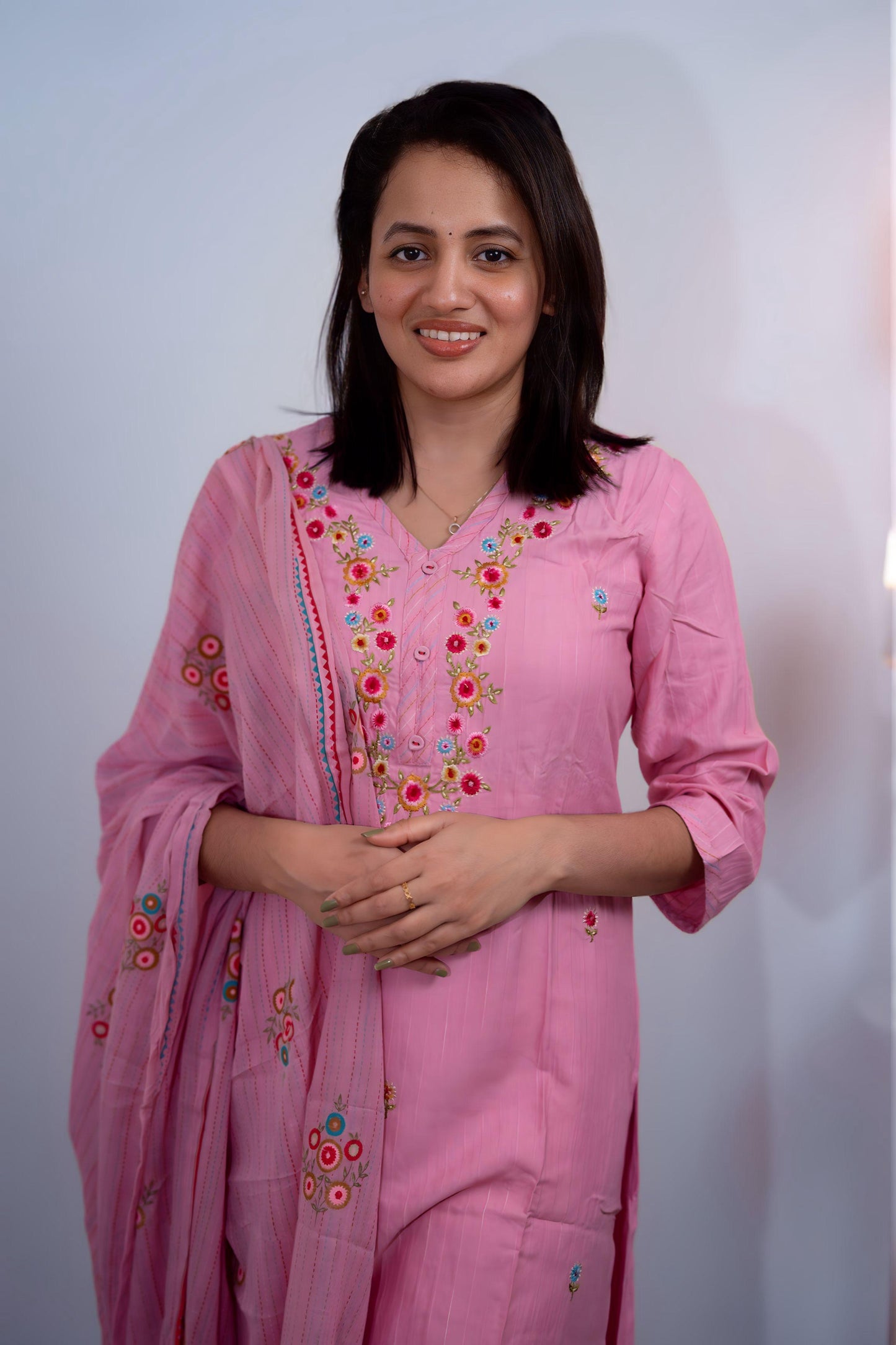 Pink Embroidered Cotton Kurta Set with Dupatta for Women(KSH-1020)