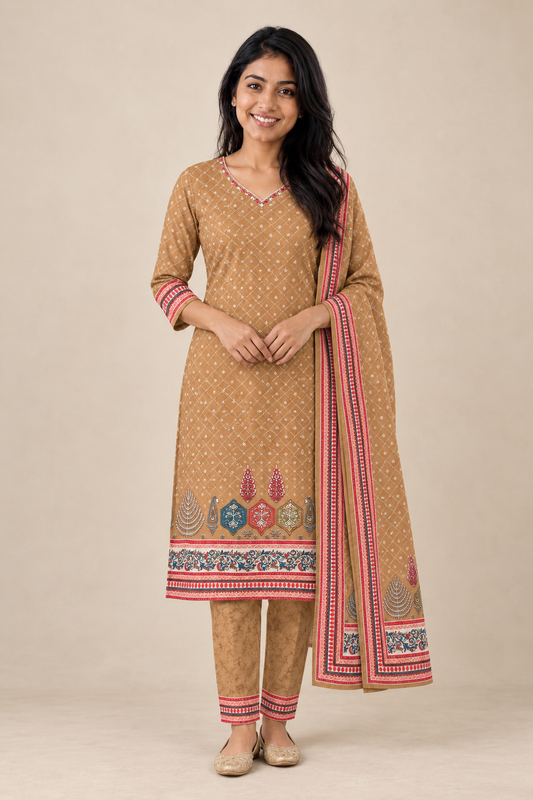 Tan Printed Salwar Suit Set with Dupatta (KER-1245)