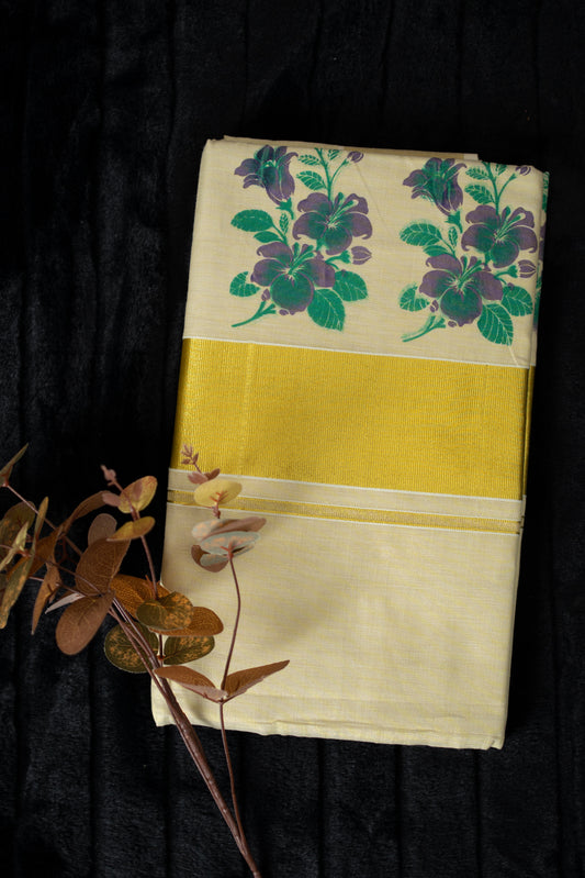 Kasavu saree with floral print(SAR-205)