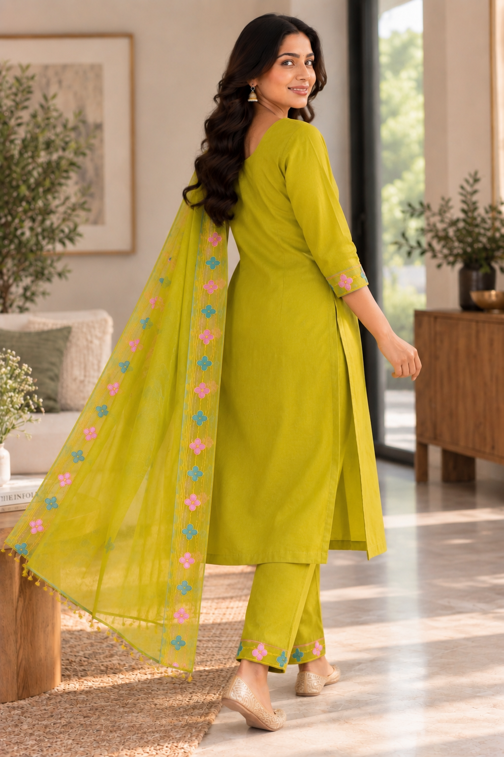 Lime Green Embroidered Salwar Suit with Organza Dupatta & Beadwork (KSH-1230)