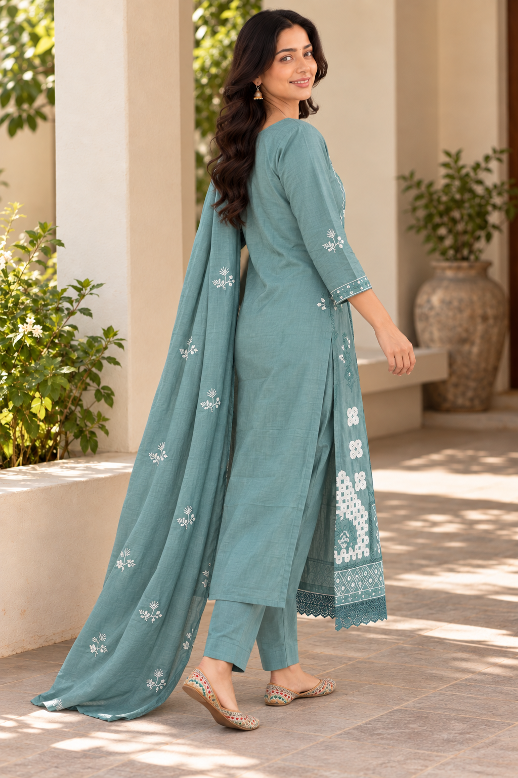 Sage Green Embroidered Salwar Suit Set with Dupatta (KER-1244)