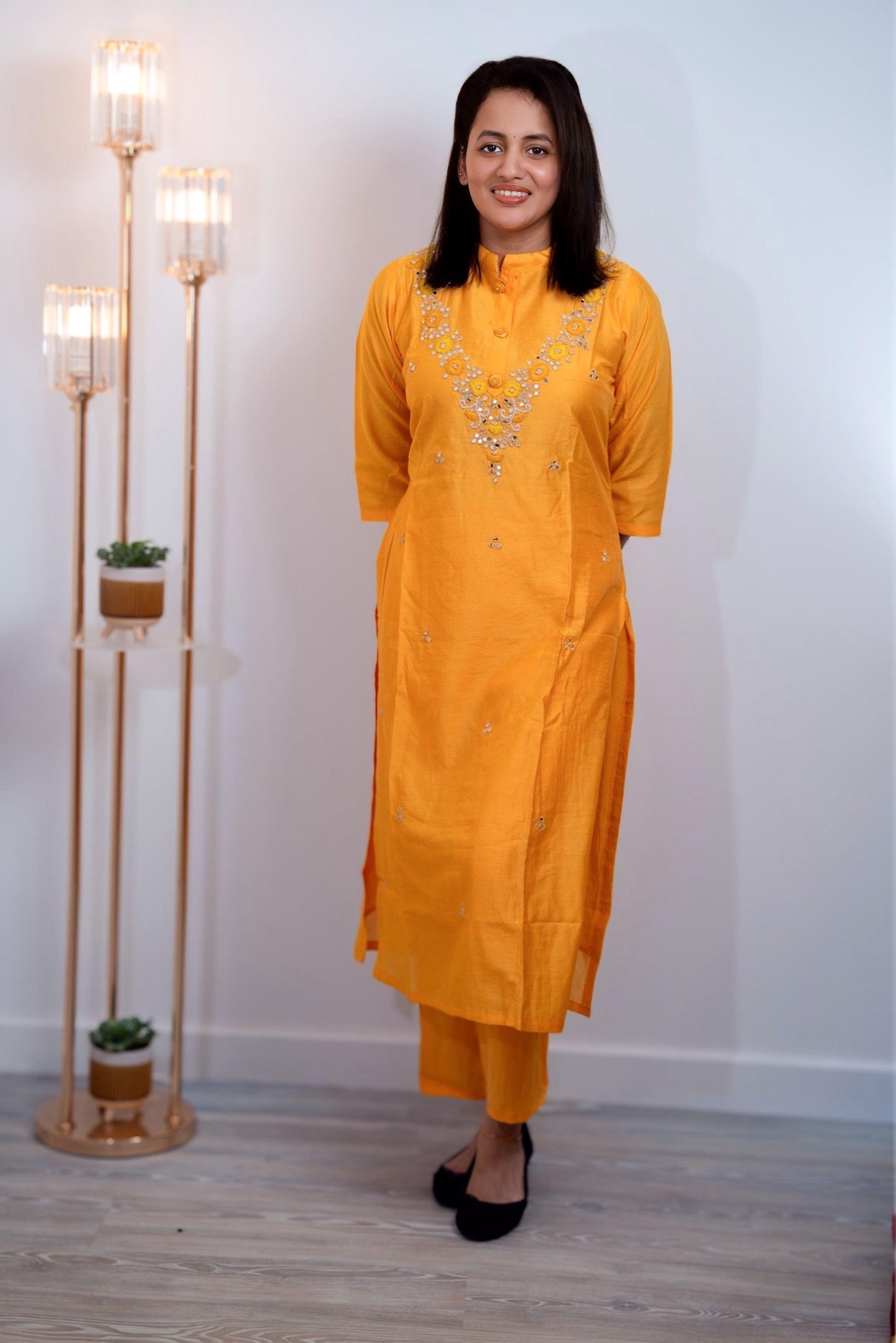 Roman silk party wear in lovely shade of yellow - (KSH690)