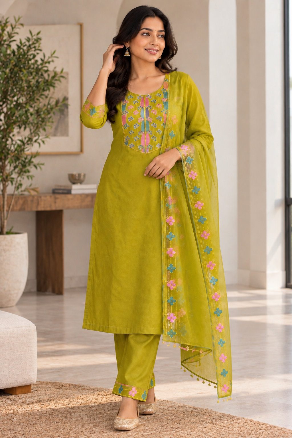 Lime Green Embroidered Salwar Suit with Organza Dupatta & Beadwork (KSH-1230)