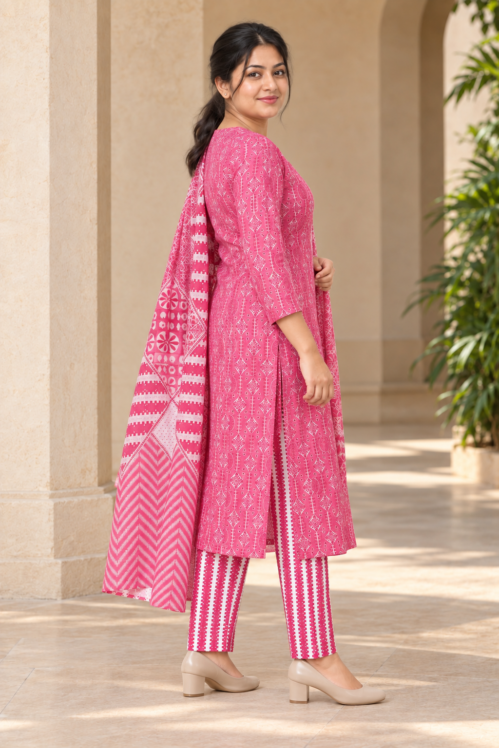Pink Geometric Print Salwar Suit Set with Dupatta(KER-1247)