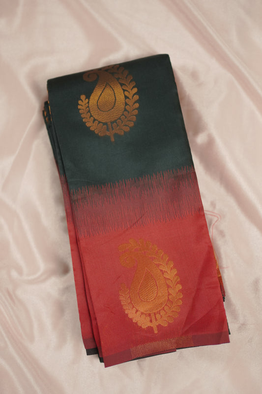 Elegant dark green & Maroon Silk Saree with Gold Paisley Motifs (SAR-1136)