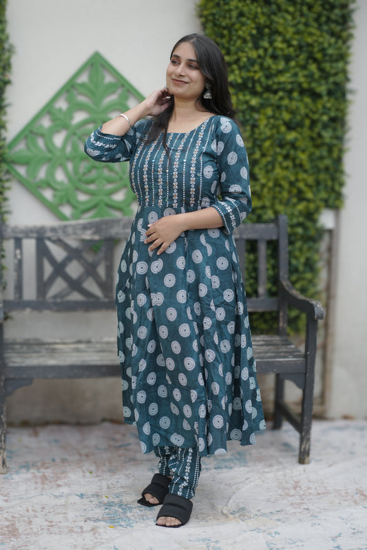 Indigo Blue shade Block Print Cotton Salwar Suit Set(KER-1130)