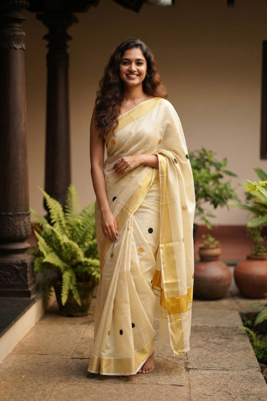 Kasavu saree with polka dot design(SAR-206)