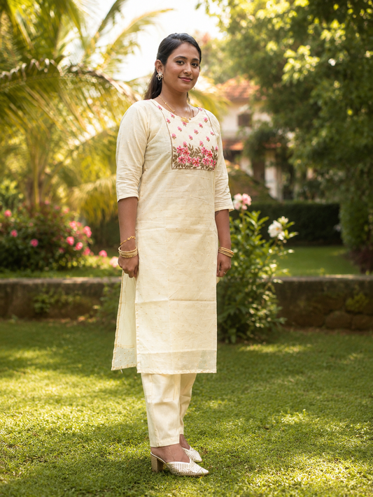 Premium Tissue Embroidered Kurta | Cream Floral Ethnic Kurti (KER-1188)