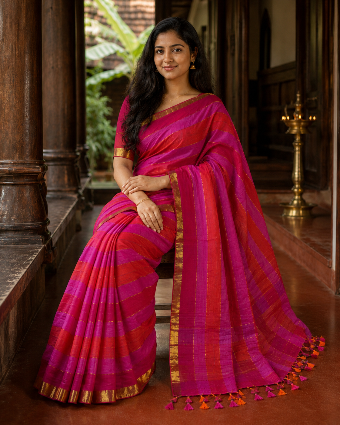 Pink & Red Mul Cotton Saree with Gold Zari(SAR-1176)