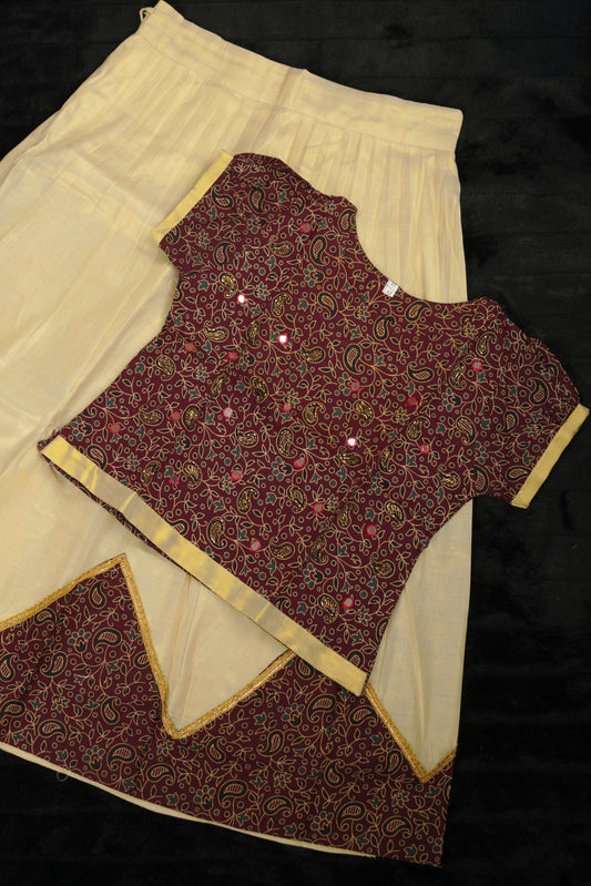 Girls ajrakh styled pavada  with mirror work blouse (KCW115)