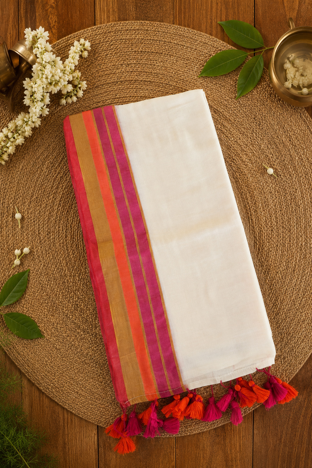 Mul Cotton Saree with Pink Tassels (SAR-1169)