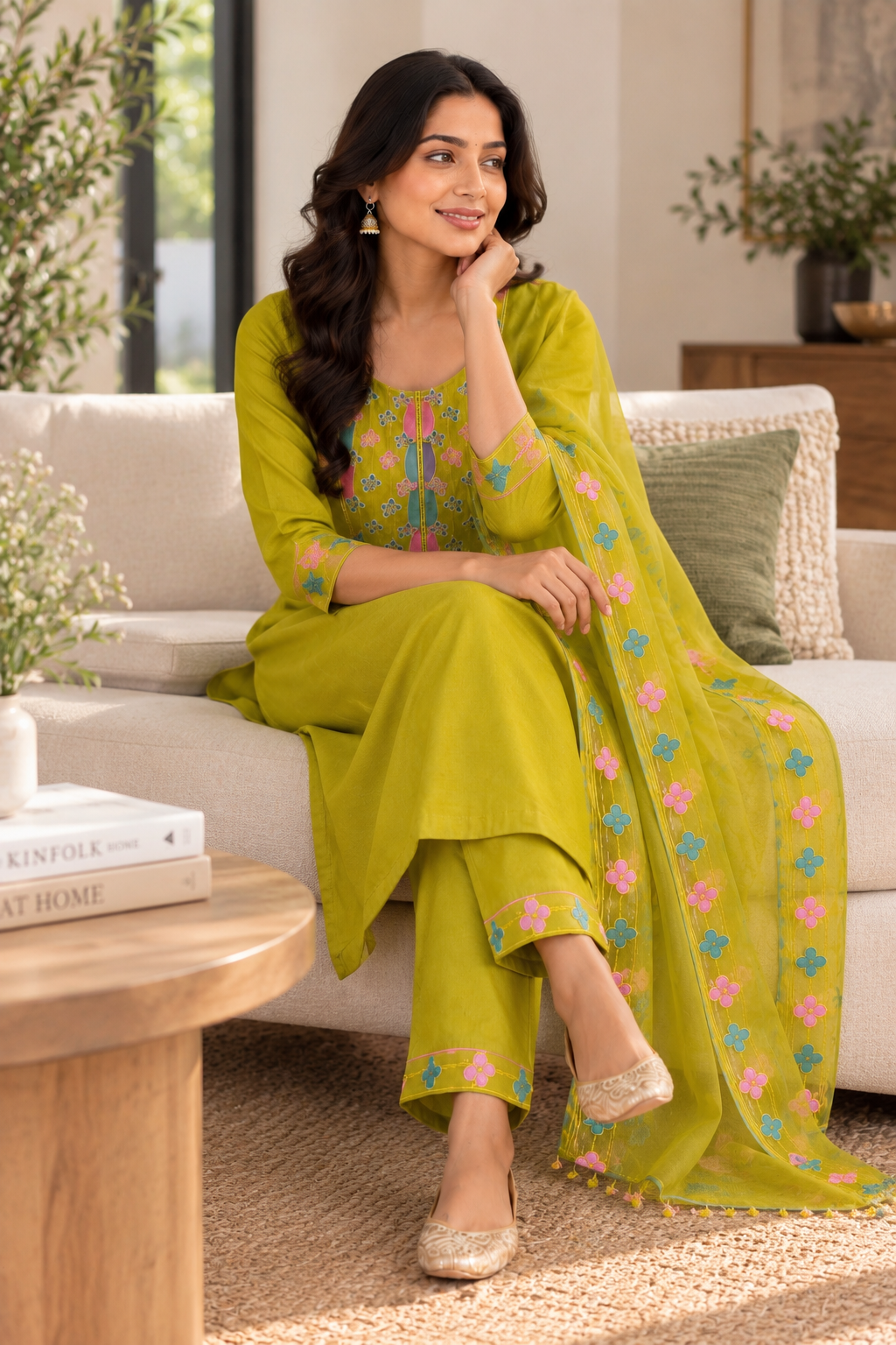 Lime Green Embroidered Salwar Suit with Organza Dupatta & Beadwork (KSH-1230)