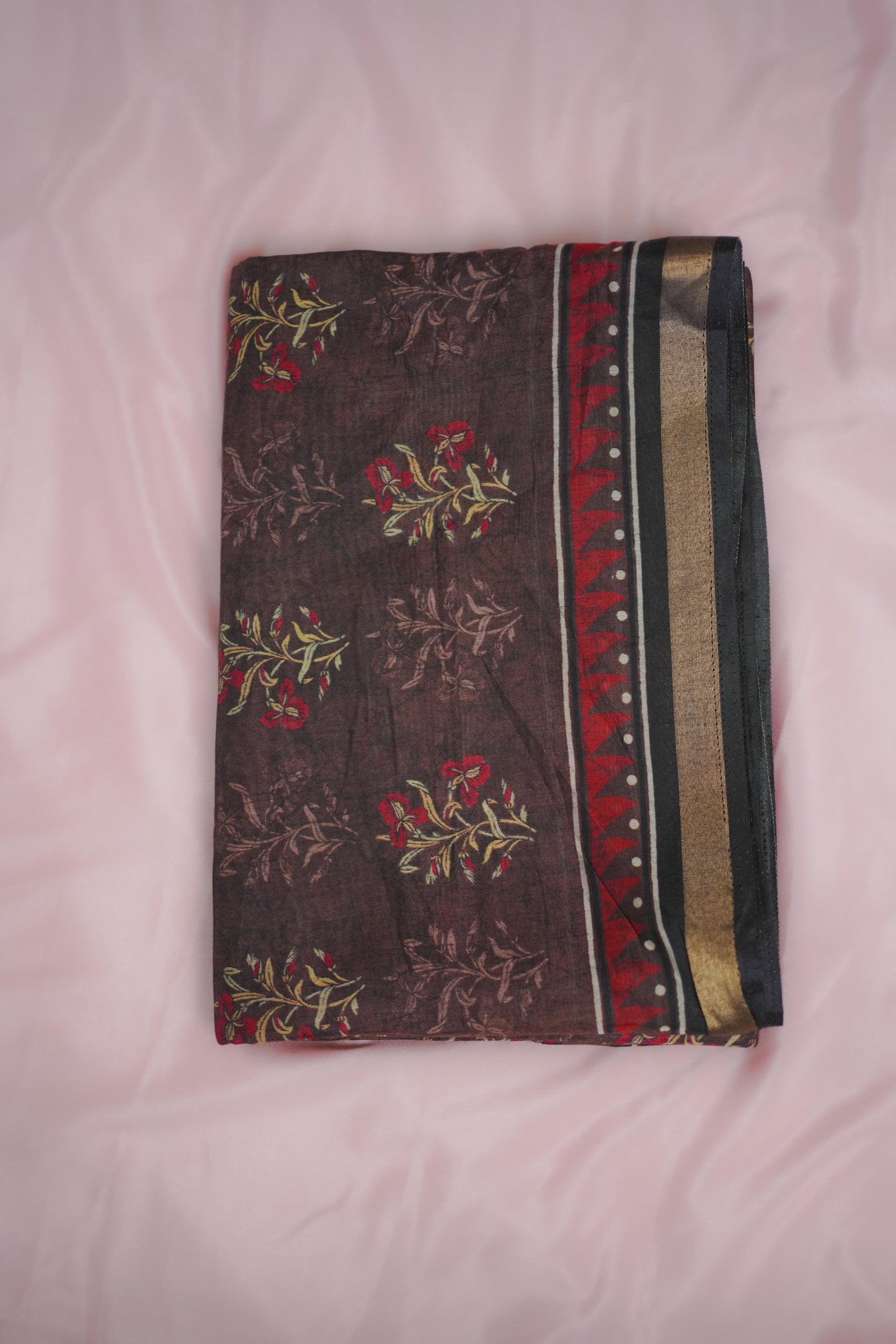 Handcrafted Floral Printed Brown Cotton Silk Saree  (SAR-1126)