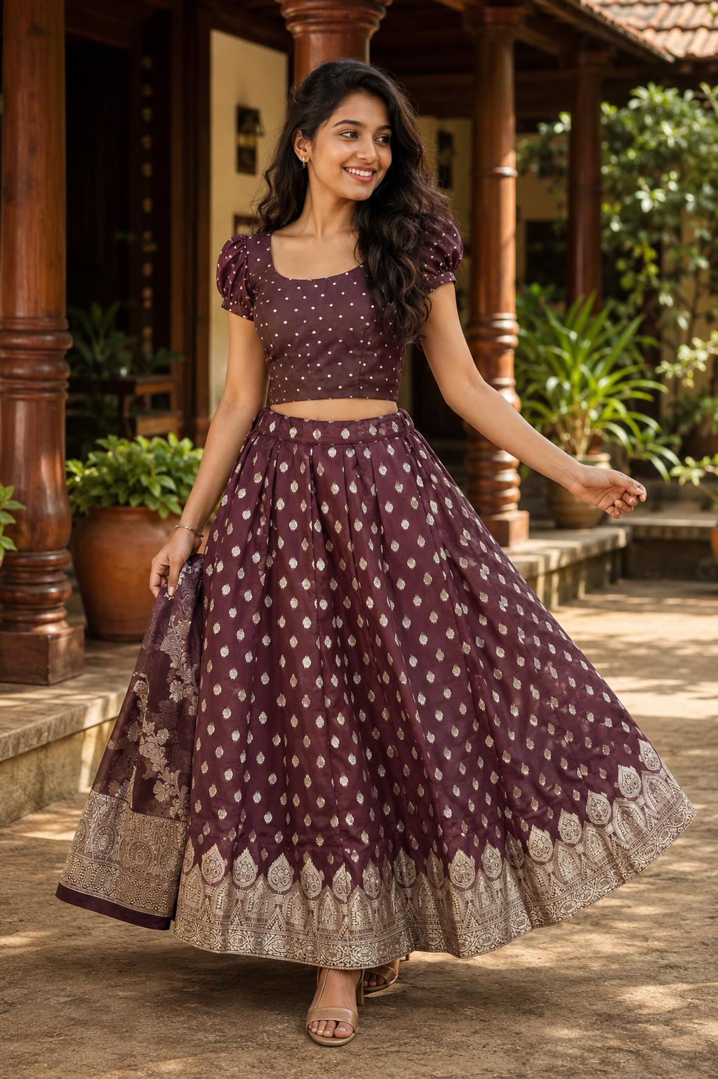Wine Gold Woven Dhavani Set | Traditional Half Saree (KER-1243)