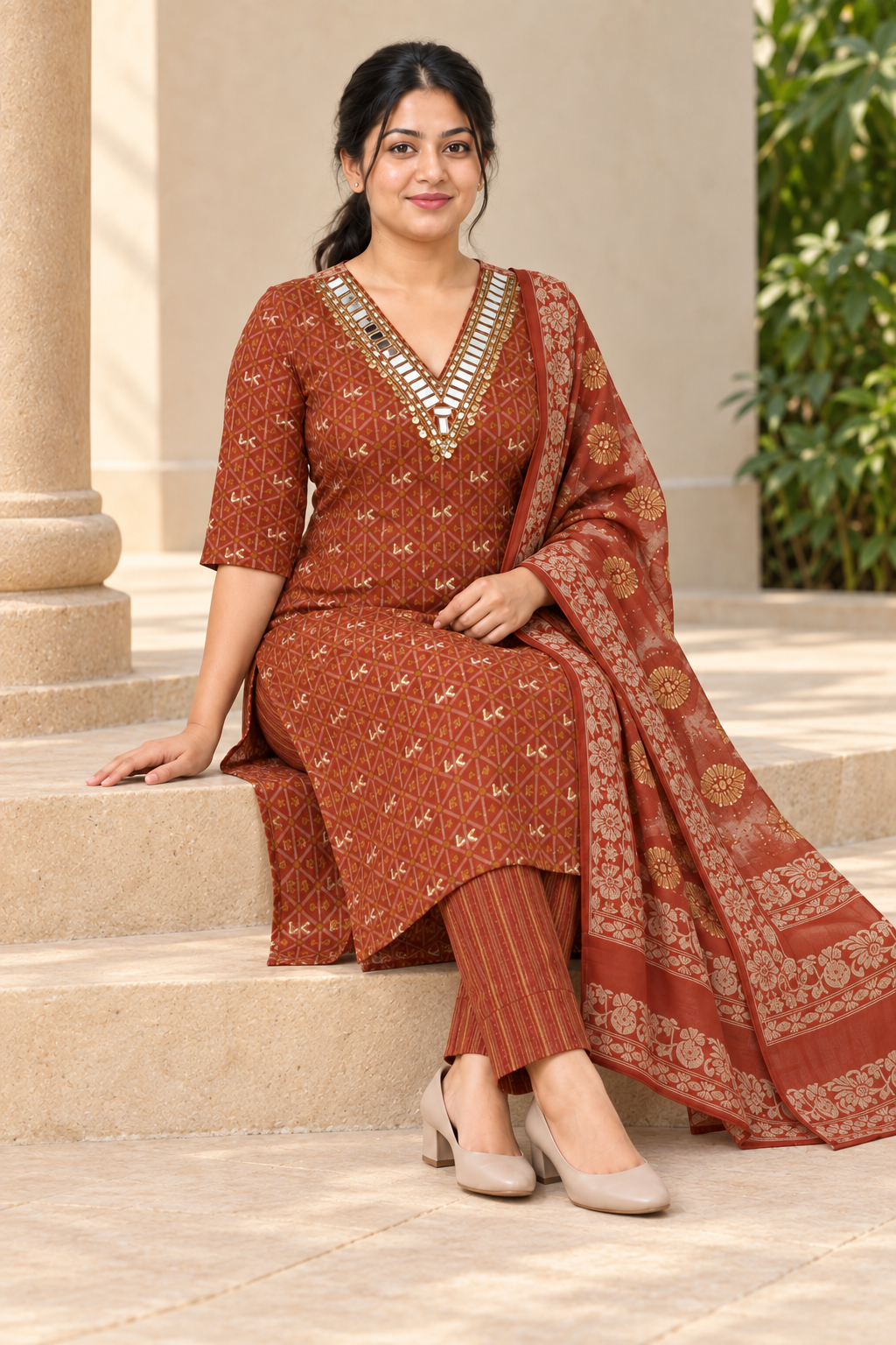 Rust Mirror Work Printed Salwar Suit with Dupatta (KSH-1244)