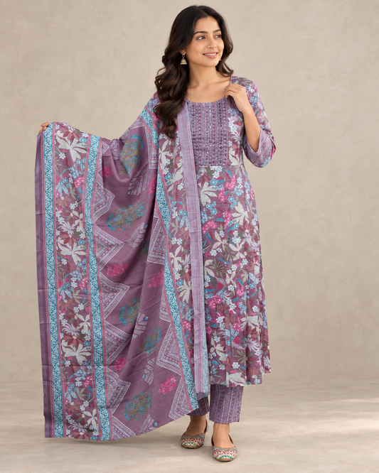 Mauve Floral Printed Cotton Kurta Set with Embellished Yoke(KER-1205)