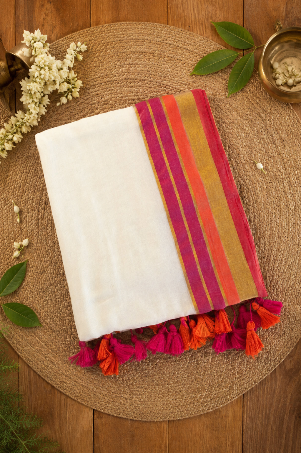 Mul Cotton Saree with Pink Tassels (SAR-1169)